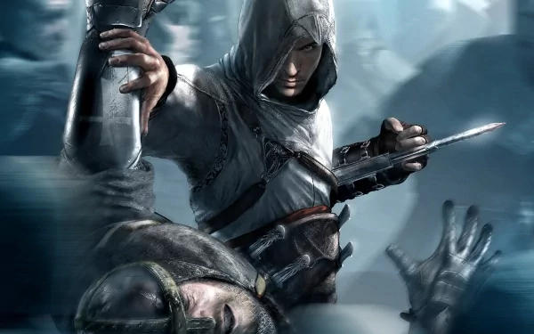 HD wallpaper of Altaïr from Assassin's Creed, showcasing an intense action scene with Altaïr in his iconic white hooded outfit, poised to strike an opponent with his hidden blade.