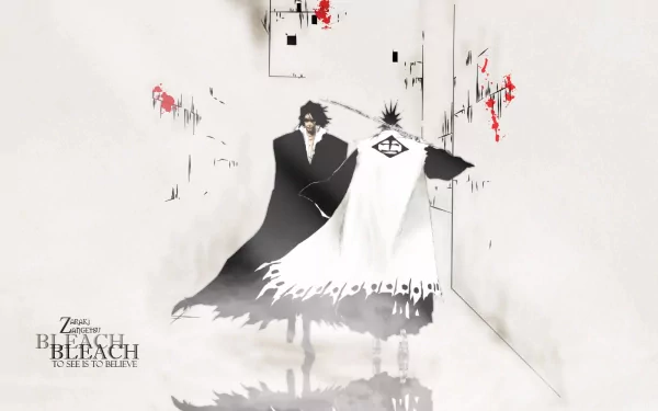 HD PC desktop wallpaper: Bleach anime scene of Kenpachi Zaraki and Zangetsu walking down a blood‑splattered white corridor, stark black-and-white art with red accents.