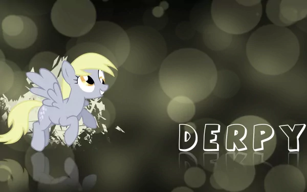 HD vector wallpaper featuring Derpy Hooves, the grey pegasus from My Little Pony: Friendship Is Magic, set against a dark bokeh background with stylized text.