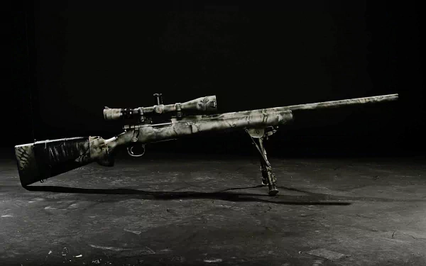 A high-definition desktop wallpaper featuring a detailed sniper rifle against a dark background, showcasing its intricate design and crafted features.