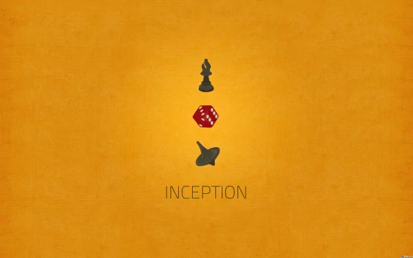 2K Quad HD PC desktop wallpaper for the movie Inception: minimalist orange background with a chess pawn, a red die and a spinning top stacked above the word INCEPTION.