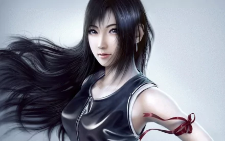 A striking HD wallpaper featuring Tifa Lockhart from Final Fantasy VII: Advent Children, showcasing her dynamic pose and flowing hair against a soft background.