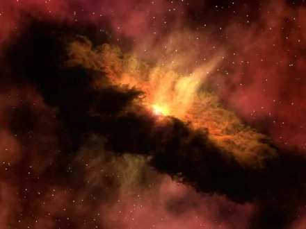 Sci-fi HD PC desktop wallpaper/background: luminous quasar erupting from an orange-red nebula with a dark dust lane and scattered stars.