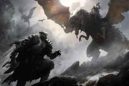 A dramatic fantasy scene featuring a fierce dragon confronting a warrior, set against a misty landscape, creating an immersive HD desktop wallpaper and background.