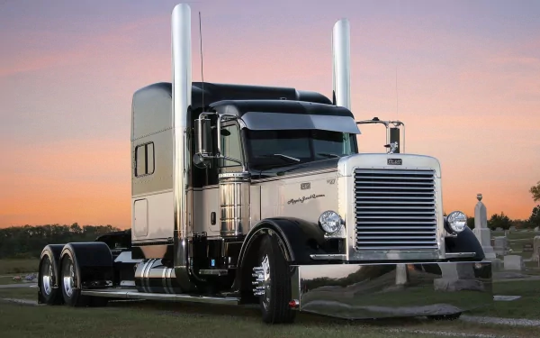 HD desktop wallpaper featuring a sleek Peterbilt vehicle parked on a grassy field at sunset with a soft pink and orange sky.