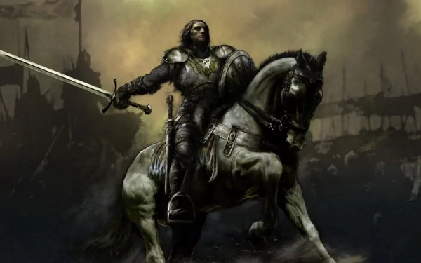 A powerful knight in armor rides a majestic horse, brandishing a sword against a dramatic battlefield backdrop. This HD fantasy wallpaper evokes a sense of adventure and valor.