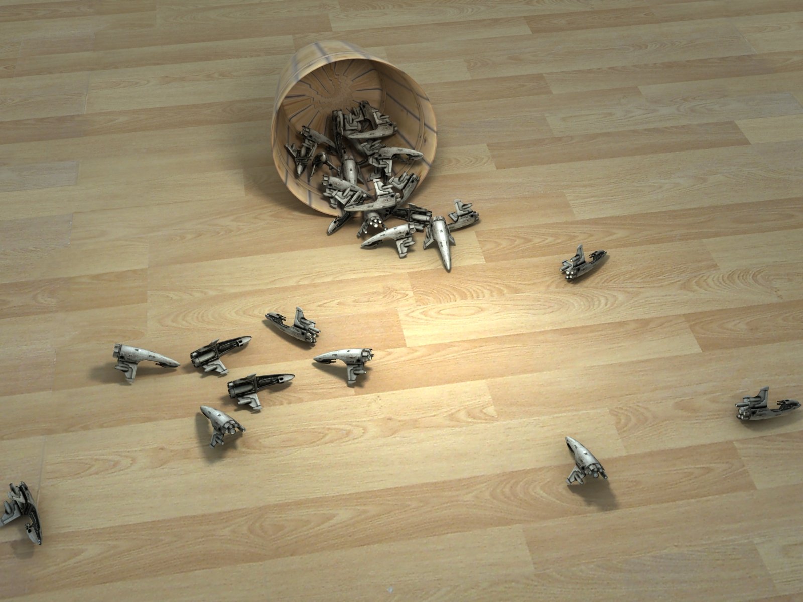 A digital art piece depicting a wooden bowl spilling out numerous miniature airplanes onto a wooden floor, creating a whimsical and imaginative scene, suitable as an HD desktop wallpaper.