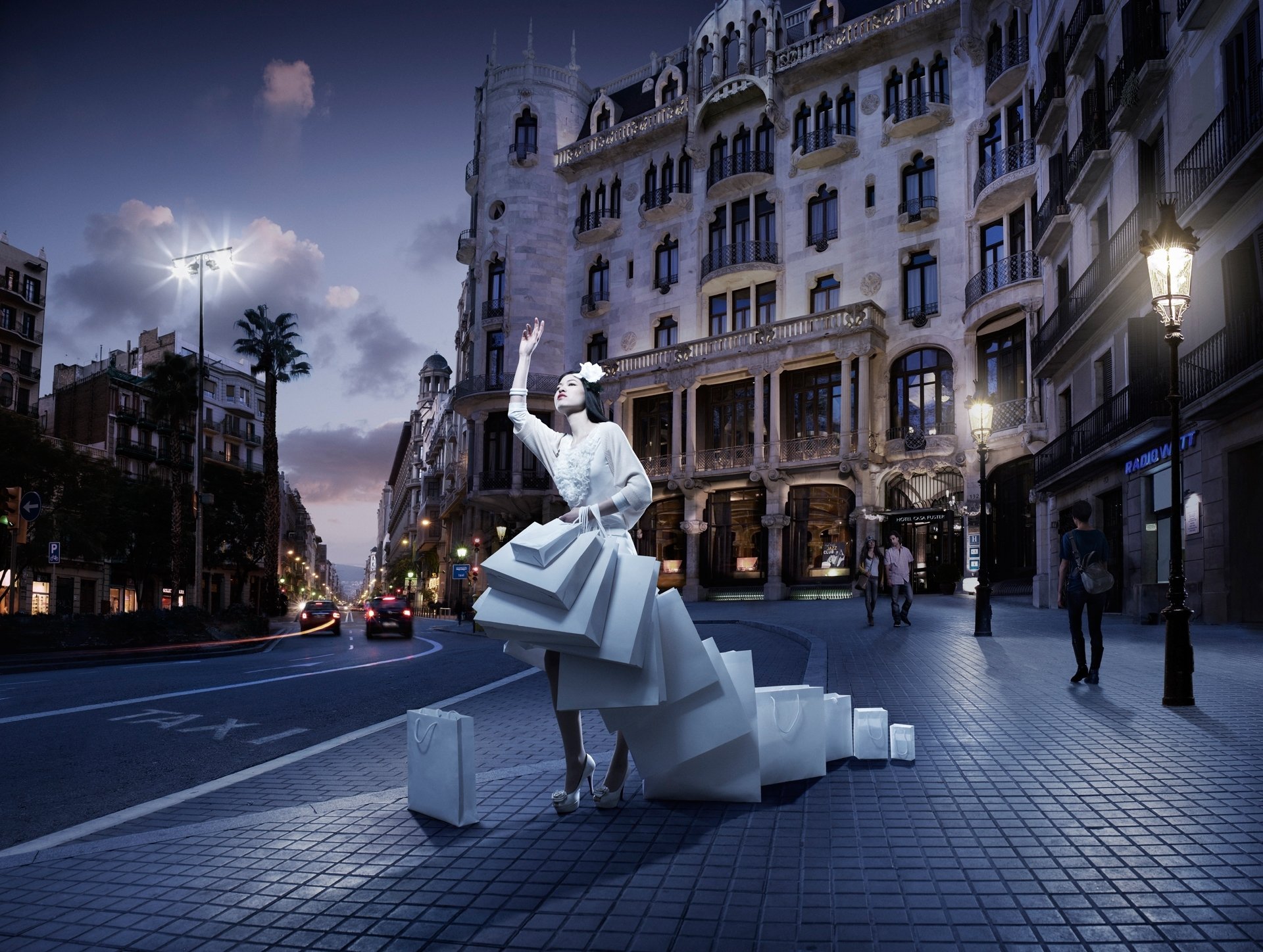 HD desktop wallpaper featuring an Asian woman in an avant-garde white dress against a cityscape at dusk, blending oriental style with modern urban elements.