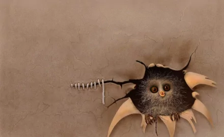 Fantasy creature with amber eyes, fuzzy face and clawed wings peeks through a cracked plaster wall — HD PC desktop wallpaper/background.