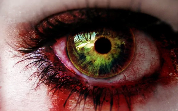 A striking close-up of a zombie's eye, featuring vivid green irises surrounded by dark, bloodshot veins, set against a dark, eerie backdrop. This HD image serves as a captivating desktop wallpaper.