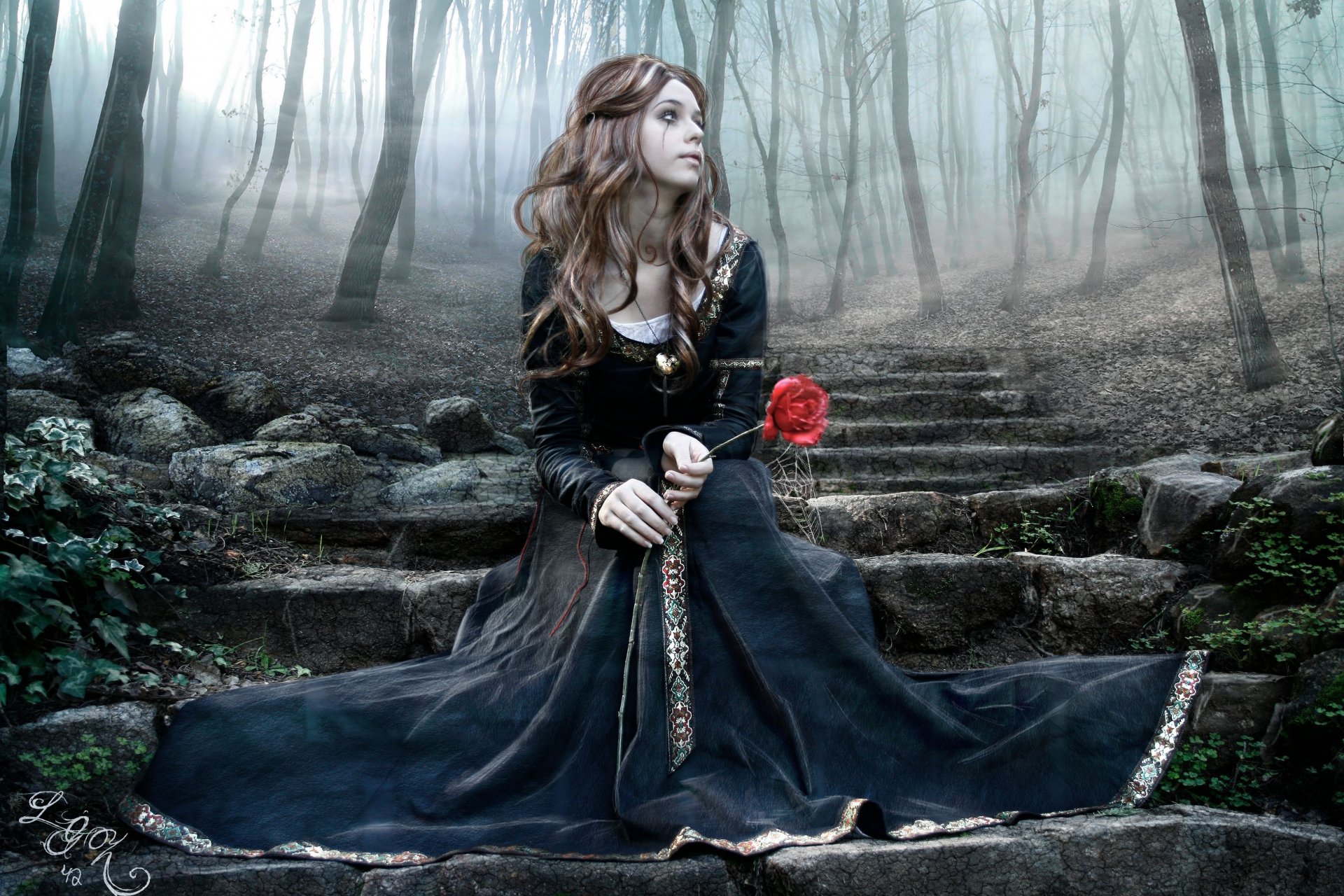 A dark, gothic HD desktop wallpaper featuring a woman in a black dress holding a red rose, seated on stone steps in a misty, eerie forest.