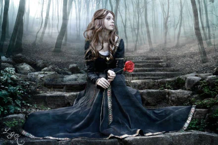 A dark, gothic HD desktop wallpaper featuring a woman in a black dress holding a red rose, seated on stone steps in a misty, eerie forest.