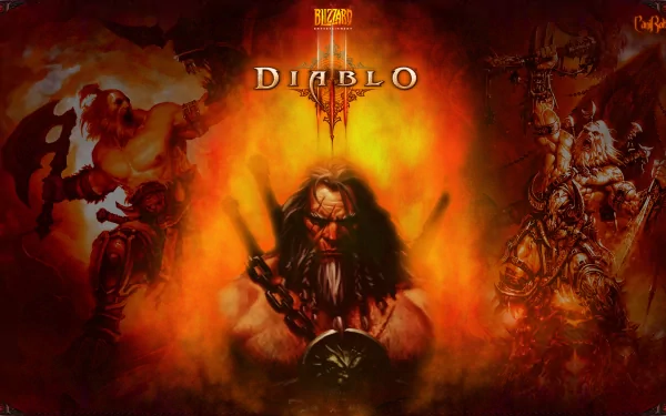 HD Diablo III PC desktop wallpaper featuring the Barbarian character engulfed in fiery orange and red hues from the video game Diablo III.