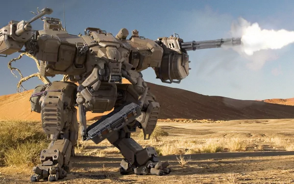 A sci-fi scene featuring a robot armed with a gun in a desert. The high-definition wallpaper showcases the futuristic robot in action against a sandy backdrop.