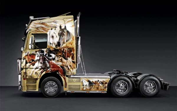 HD PC desktop wallpaper featuring a semi-truck with detailed horse artwork painted on the cab and chassis against a dark background.