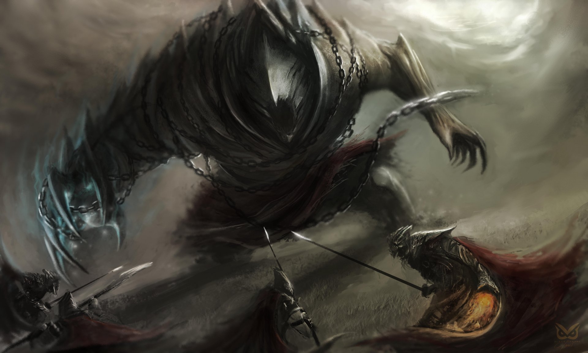 A dark fantasy scene depicting a colossal giant looming over armored warriors, captured in stunning 8K Ultra HD detail for a dramatic PC desktop wallpaper.