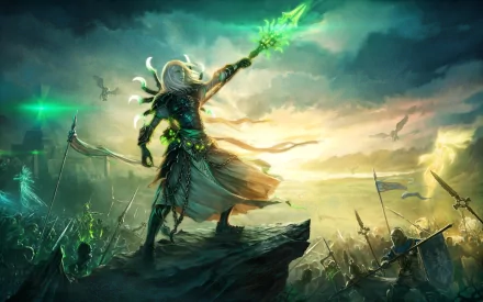 4K Ultra HD desktop wallpaper featuring a powerful mage casting green magic atop a cliff, inspired by the video game Might & Magic Heroes VI.