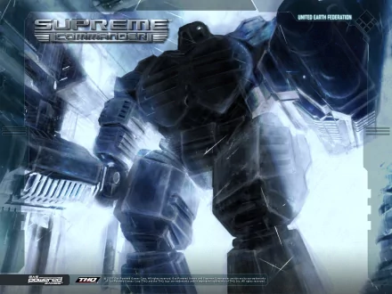 HD PC desktop wallpaper featuring a towering mech from the video game Supreme Commander, highlighted by intense lighting and futuristic design elements.