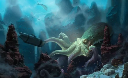 Fantasy sea monster with glowing eyes emerges from dark, underwater ruins in this HD PC desktop wallpaper and background.
