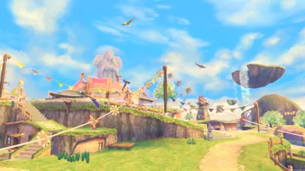 HD PC desktop wallpaper featuring a vibrant village scene from the video game The Legend of Zelda: Skyward Sword, with clear blue skies and floating islands.