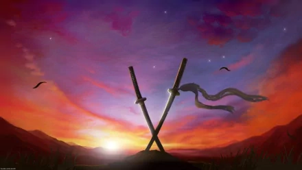 HD PC desktop wallpaper featuring two crossed katanas against a vibrant sunset sky, inspired by the video game Muramasa: The Demon Blade.