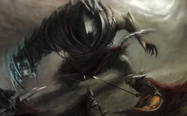 A dark fantasy scene depicting a colossal giant looming over armored warriors, captured in stunning 8K Ultra HD detail for a dramatic PC desktop wallpaper.