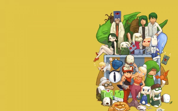 HD PC desktop wallpaper featuring characters from the video game Cave Story against a solid yellow background.