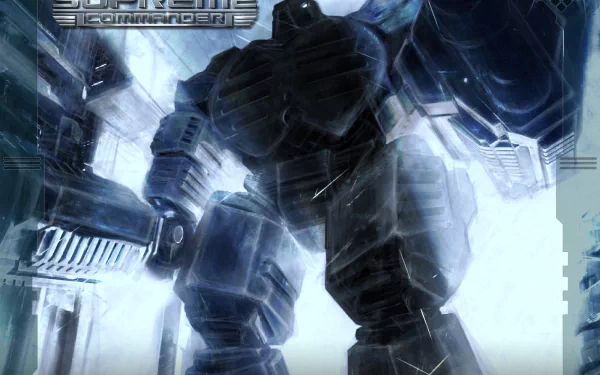 HD PC desktop wallpaper featuring a towering mech from the video game Supreme Commander, highlighted by intense lighting and futuristic design elements.
