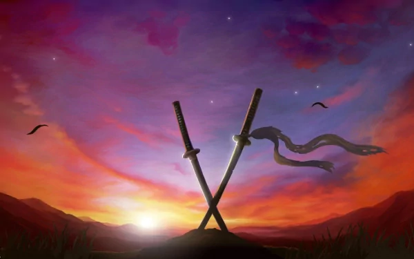 HD PC desktop wallpaper featuring two crossed katanas against a vibrant sunset sky, inspired by the video game Muramasa: The Demon Blade.