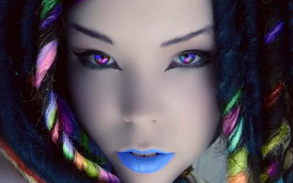 A captivating artistic portrait of a woman with colorful dreadlocks and striking blue lips, featuring vibrant rainbow tones. This HD wallpaper showcases a unique and bold aesthetic.
