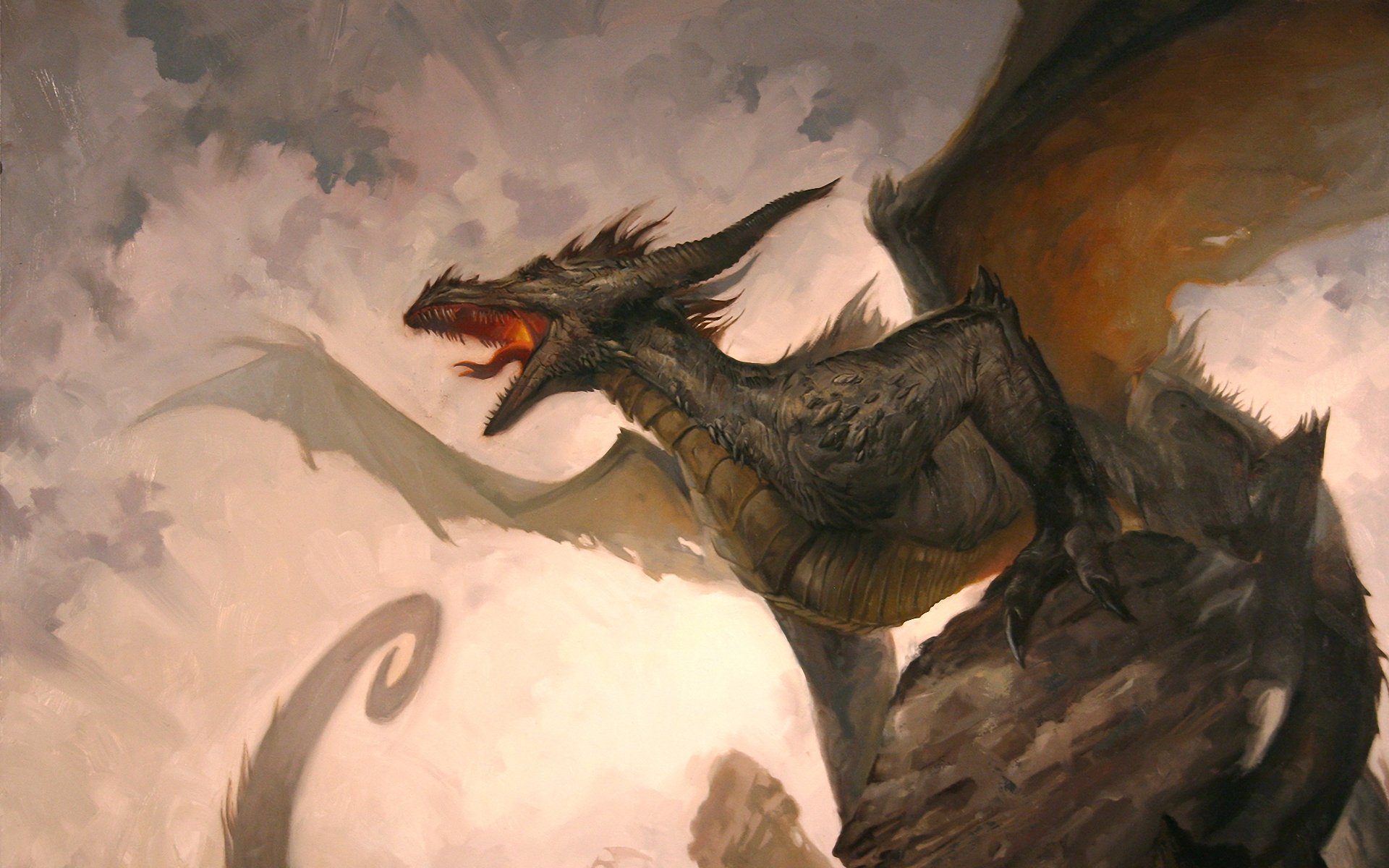 A dramatic fantasy dragon roars atop a rocky cliff, set against a swirling sky. This stunning HD wallpaper captures the essence of adventure and mythical realms.