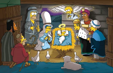 A vibrant Christmas scene featuring characters from The Simpsons, including Homer, Marge, and Bart, as they gather around a nativity setting in a festive depiction.