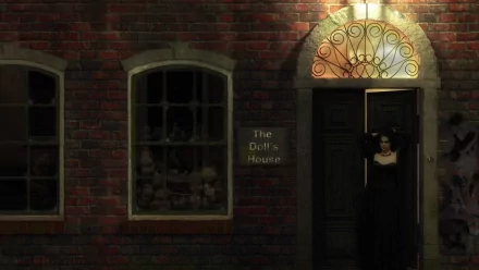 Gothic-themed HD desktop wallpaper featuring a dark woman standing at the entrance of a brick building labeled The Doll's House, with a window displaying eerie dolls.