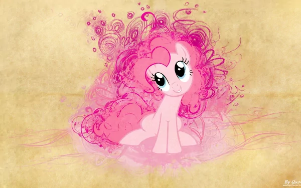 A vibrant vector illustration of Pinkie Pie from My Little Pony: Friendship Is Magic, surrounded by a playful splash of pink, serving as an engaging HD desktop wallpaper.