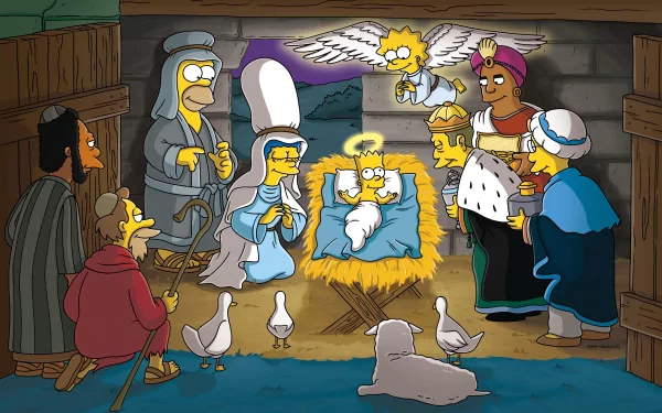 A vibrant Christmas scene featuring characters from The Simpsons, including Homer, Marge, and Bart, as they gather around a nativity setting in a festive depiction.