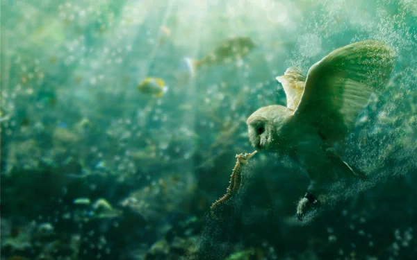 An underwater scene featuring an owl gracefully gliding through sparkling water, holding a seahorse in its beak, surrounded by vibrant marine life. High-definition wallpaper backdrop.