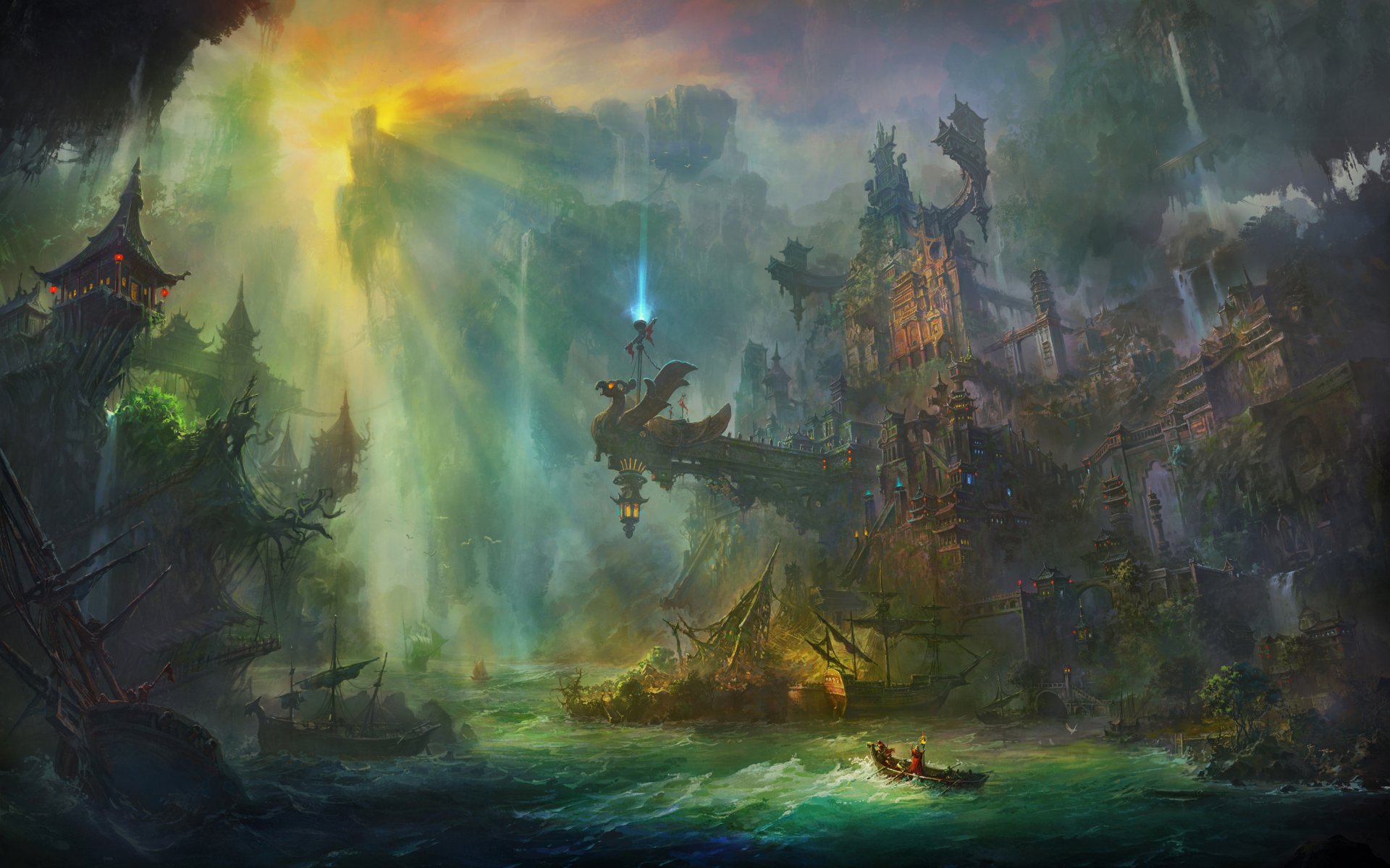 HD desktop wallpaper featuring a fantasy landscape with ancient ruins, a glowing beacon, lush greenery, and dramatic lighting, evoking a mysterious and adventurous atmosphere.