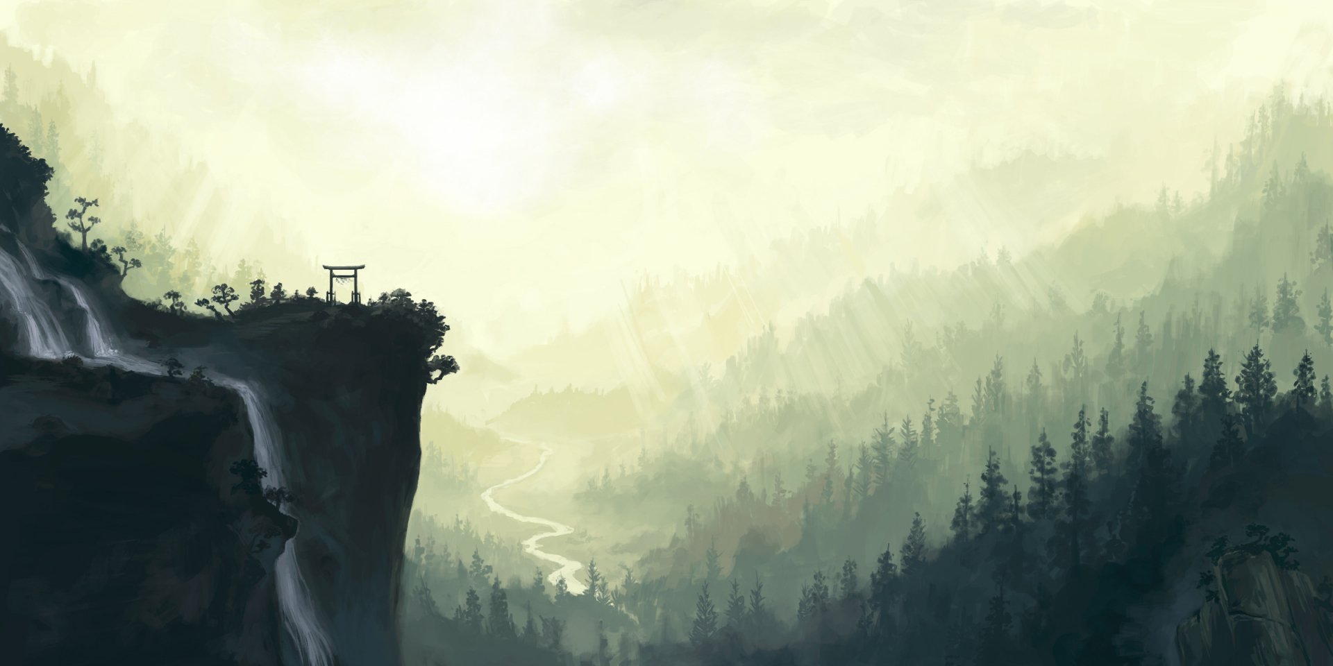 A serene anime landscape featuring misty mountains, a winding river, and a traditional gate perched on a cliff, creating a captivating HD desktop wallpaper.