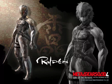 HD desktop wallpaper and background featuring Raiden from the video game Metal Gear Solid 4: Guns of the Patriots. The image showcases Raiden in two poses with the game's title in the corner.