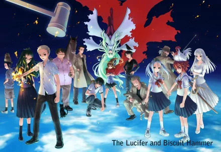 Anime HD desktop wallpaper featuring the main characters from Lucifer and the Biscuit Hammer standing together with a dragon over a vibrant sky background.
