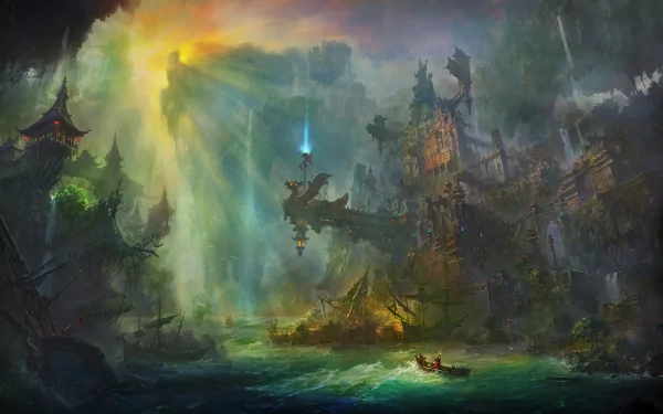 HD desktop wallpaper featuring a fantasy landscape with ancient ruins, a glowing beacon, lush greenery, and dramatic lighting, evoking a mysterious and adventurous atmosphere.