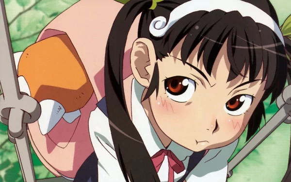 Mayoi Hachikuji from the Monogatari Series: Second Season and Bakemonogatari is depicted in this HD anime wallpaper, showcasing her expressive features and unique style.