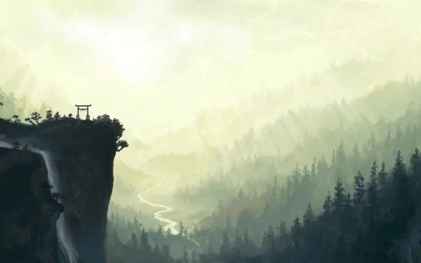 A serene anime landscape featuring misty mountains, a winding river, and a traditional gate perched on a cliff, creating a captivating HD desktop wallpaper.