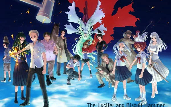 Anime HD desktop wallpaper featuring the main characters from Lucifer and the Biscuit Hammer standing together with a dragon over a vibrant sky background.