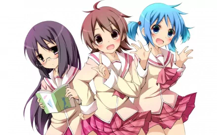 Three anime characters, Mio Naganohara, Mai Minakami, and Yuuko Aioi, in sailor-style school uniforms with skirts, pose playfully in this HD Nichijō wallpaper.