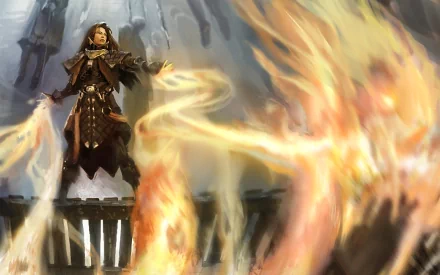 HD PC desktop wallpaper of an armored fantasy wizard conjuring swirling fire above a stone balcony.