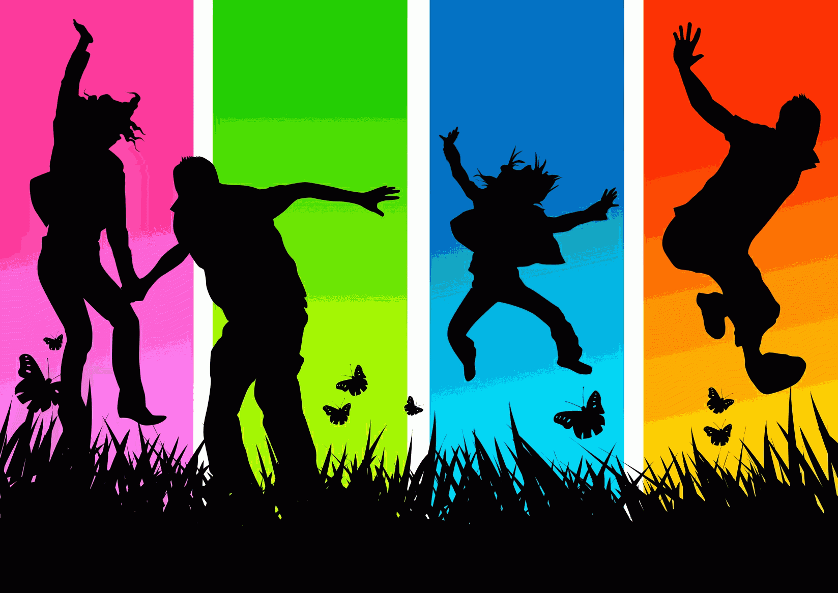Artistic HD PC desktop wallpaper background: black silhouettes of four people jumping amid grass and butterflies against vivid vertical panels of pink, green, blue and orange.