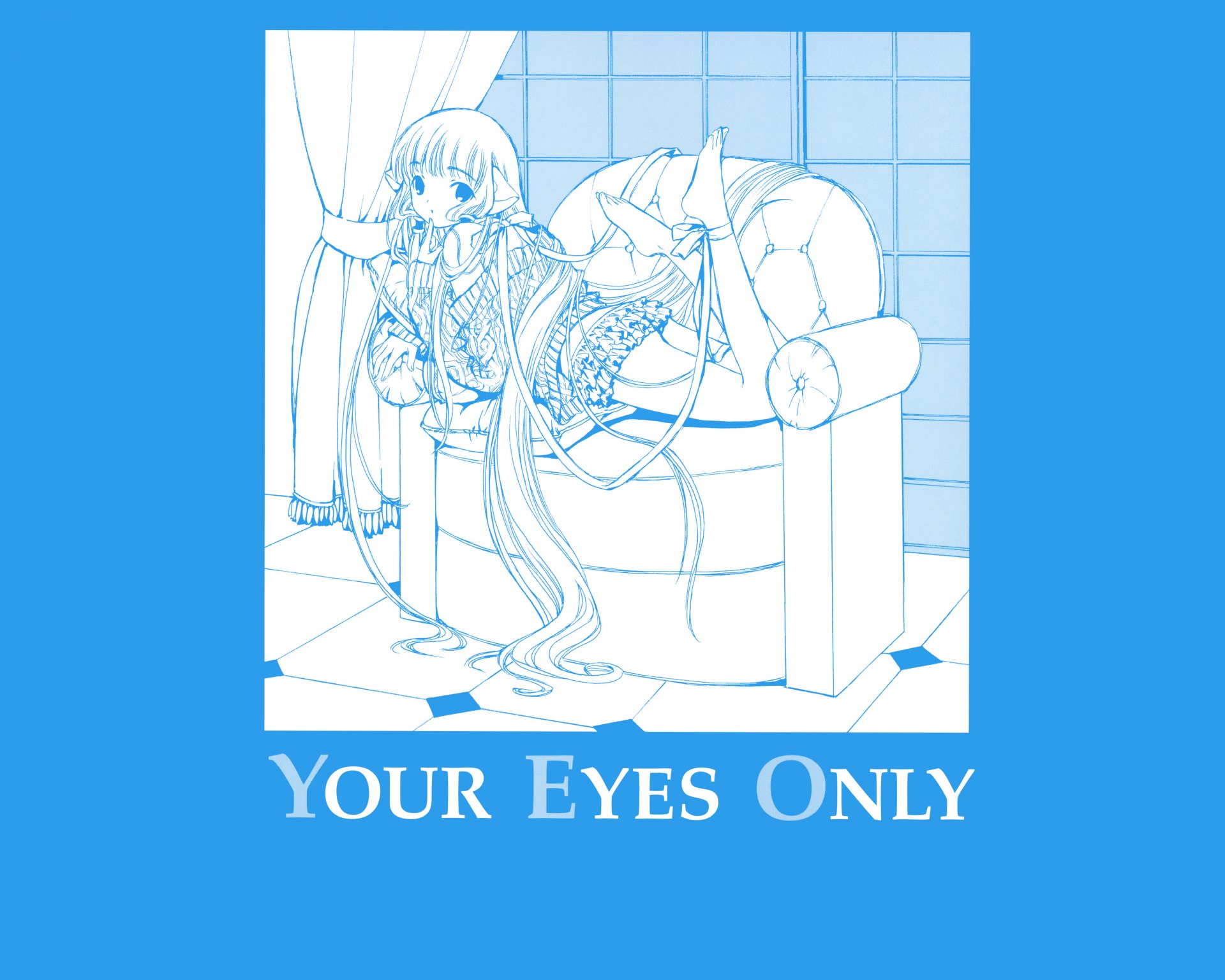 Anime Chobits 4K Ultra HD PC desktop wallpaper: monochrome blue line art of Chii reclining on a couch with long hair and a plush, caption YOUR EYES ONLY.