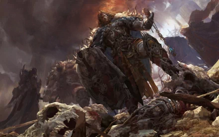 A formidable fantasy warrior stands amidst a battlefield strewn with skeletal remains, showcasing a powerful presence in this HD desktop wallpaper.