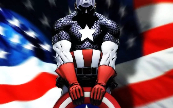 A dynamic HD desktop wallpaper of Captain America, featuring the superhero in a striking pose against a backdrop of the American flag, embodying strength and patriotism.